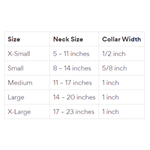 A size chart table showing neck size and collar width measurements for X-Small, Small, Medium, Large, and X-Large collar options.