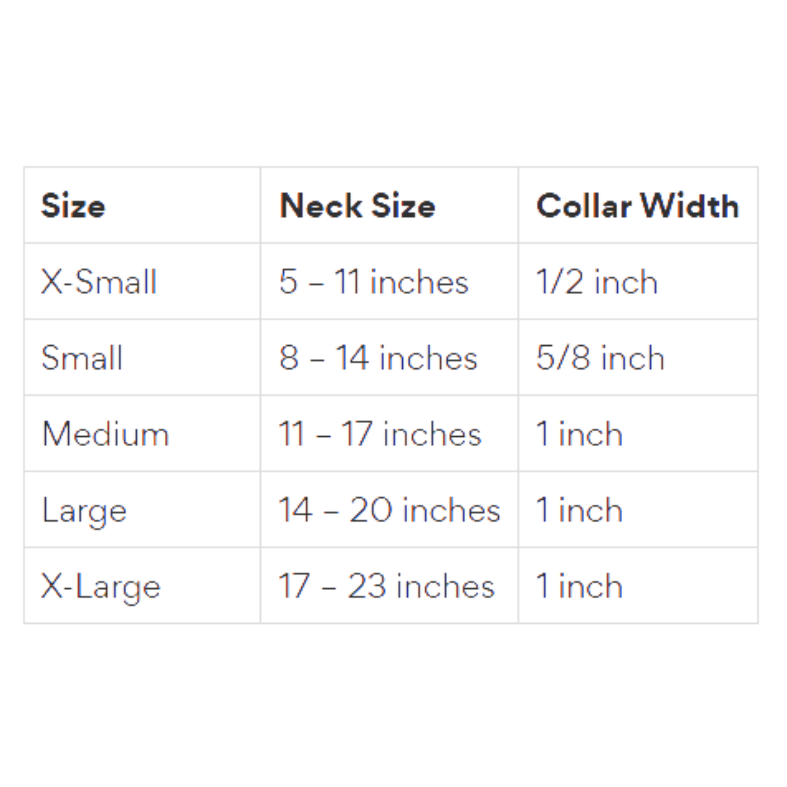A size chart table showing neck size and collar width measurements for X-Small, Small, Medium, Large, and X-Large collar options.