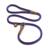 A purple braided rope dog leash with tan leather accents and a brass ring, shown on a clean white background.