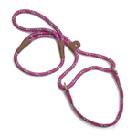 A pink braided rope dog leash with multicolored flecks and brown leather handle grips, shown on a clean white background.