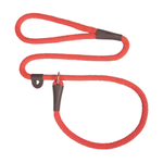 A red braided rope leash with dark brown leather loop handles and a gold metal ring, shown on a plain white background.