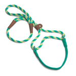 A pair of green, yellow, and white braided rope dog leashes with brown leather handle wraps, displayed on a clean white background.