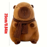 Brown teddy bear with a scarf and measurement text on a white background