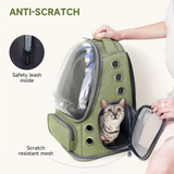 Pet carrier with a cat inside, featuring safety leash and scratch-resistant mesh, on a white background.