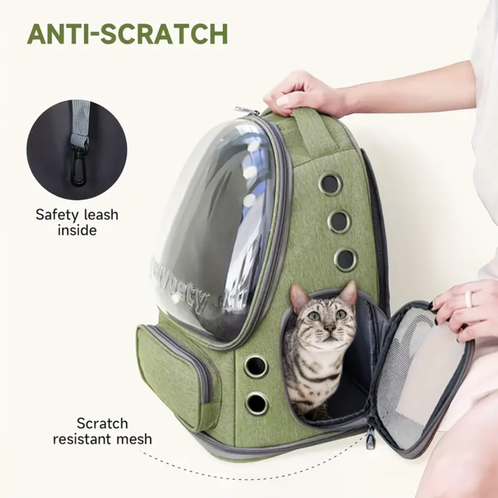 Pet carrier with a cat inside, featuring safety leash and scratch-resistant mesh, on a white background.
