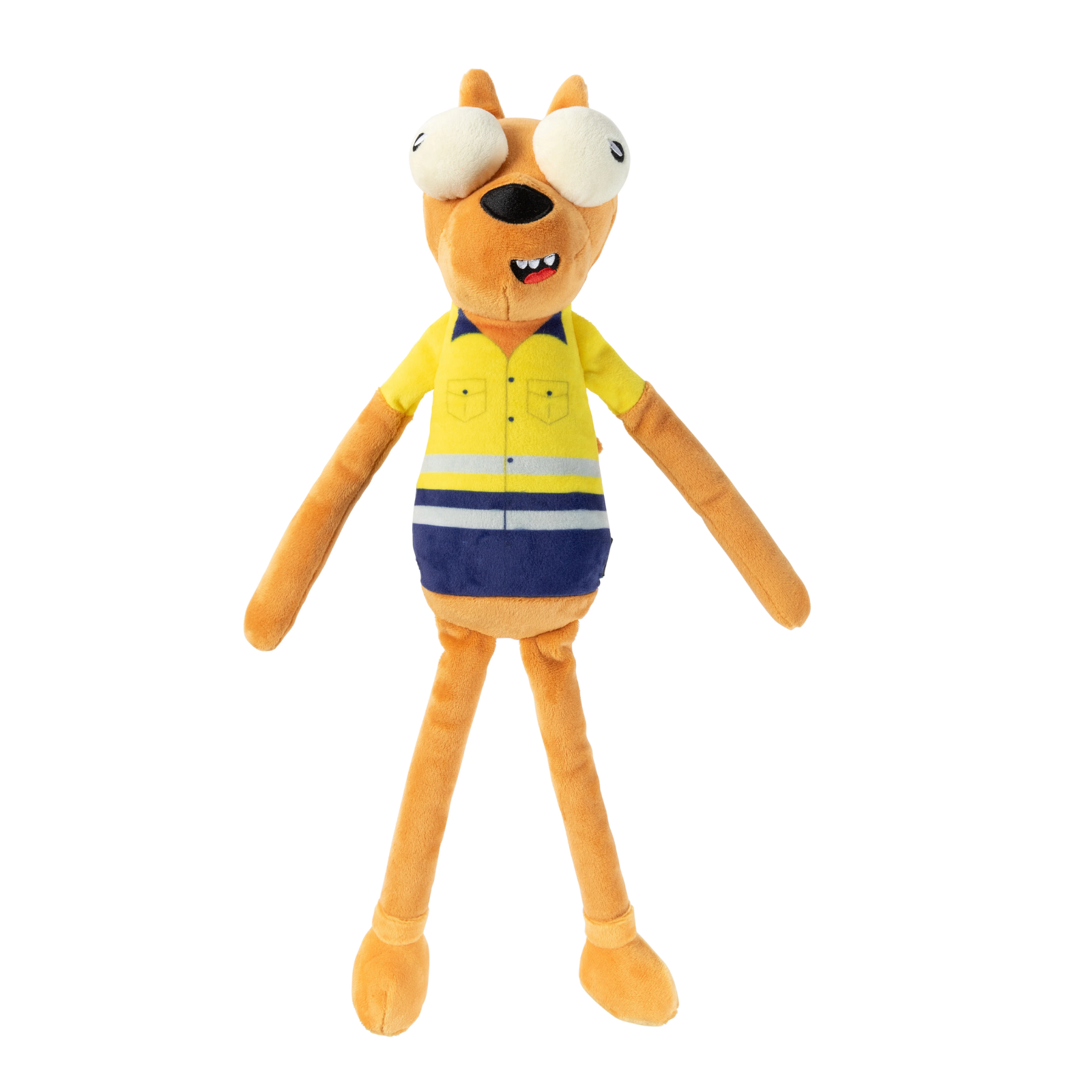 A plush toy of a yellow-orange dog wearing a yellow high-visibility work shirt with blue and white reflective stripes, set against a plain white background.