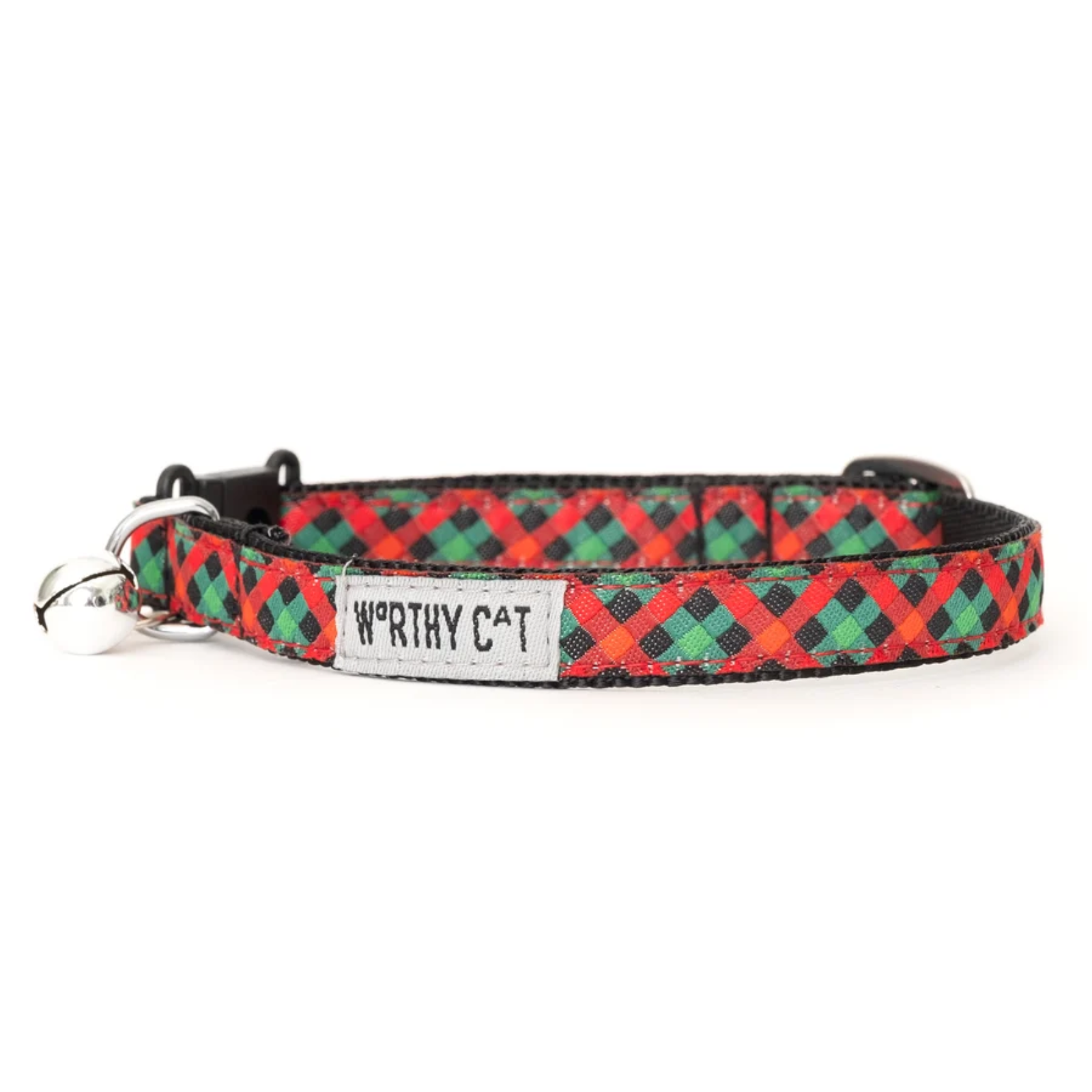 Red and green plaid cat collar with 'Worthy Cat' tag on a white background