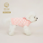 Small white dog wearing a pink polka dot sweater on a light gray background with 'Pets Tale' branding.