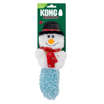 KONG Kickeroo Christmas snowman dog toy in its original green blister packaging, featuring a white plush snowman with a black hat, red scarf, and a fluffy light blue tail.