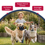 Two dogs playing with toys in a garden, with text highlighting benefits of the toys.