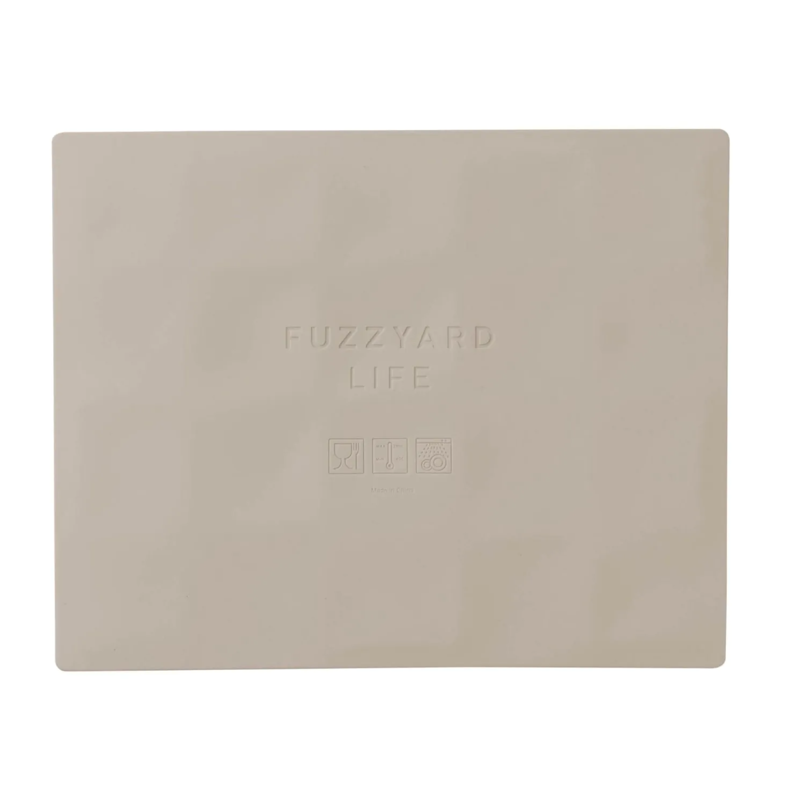 Beige cutting board with 'Fuzzyard' branding on a white background