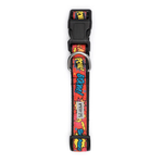 A dog collar with a black plastic buckle and a vibrant comic book-style pattern featuring red, yellow, blue, and black text, shown against a plain white background.