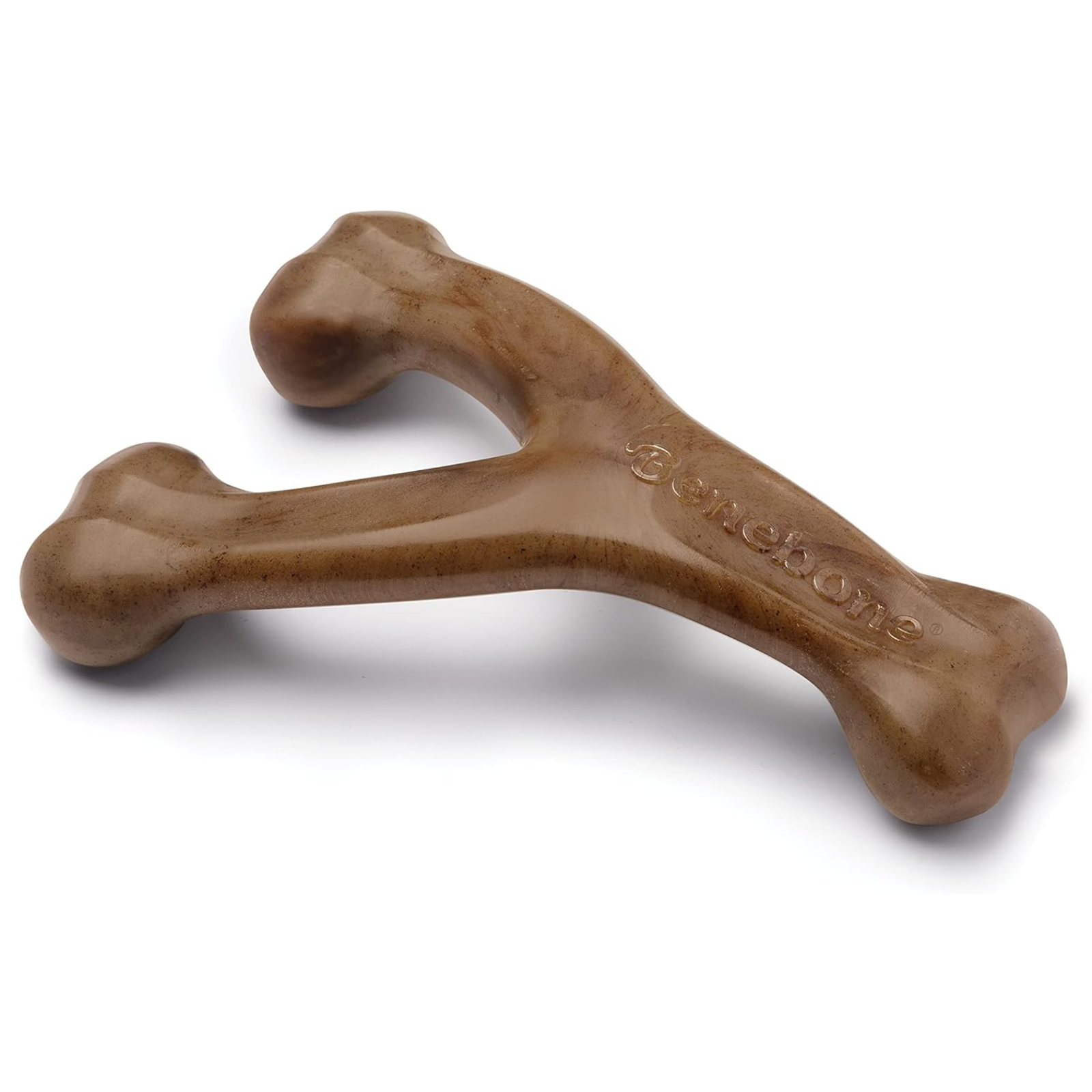 Brown bone-shaped dog toy on a white background