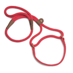 A red braided rope dog leash with brown leather handle loops and brass metal rings, shown on a clean white background.