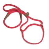 A red braided rope dog leash with brown leather handle loops and brass metal rings, shown on a clean white background.