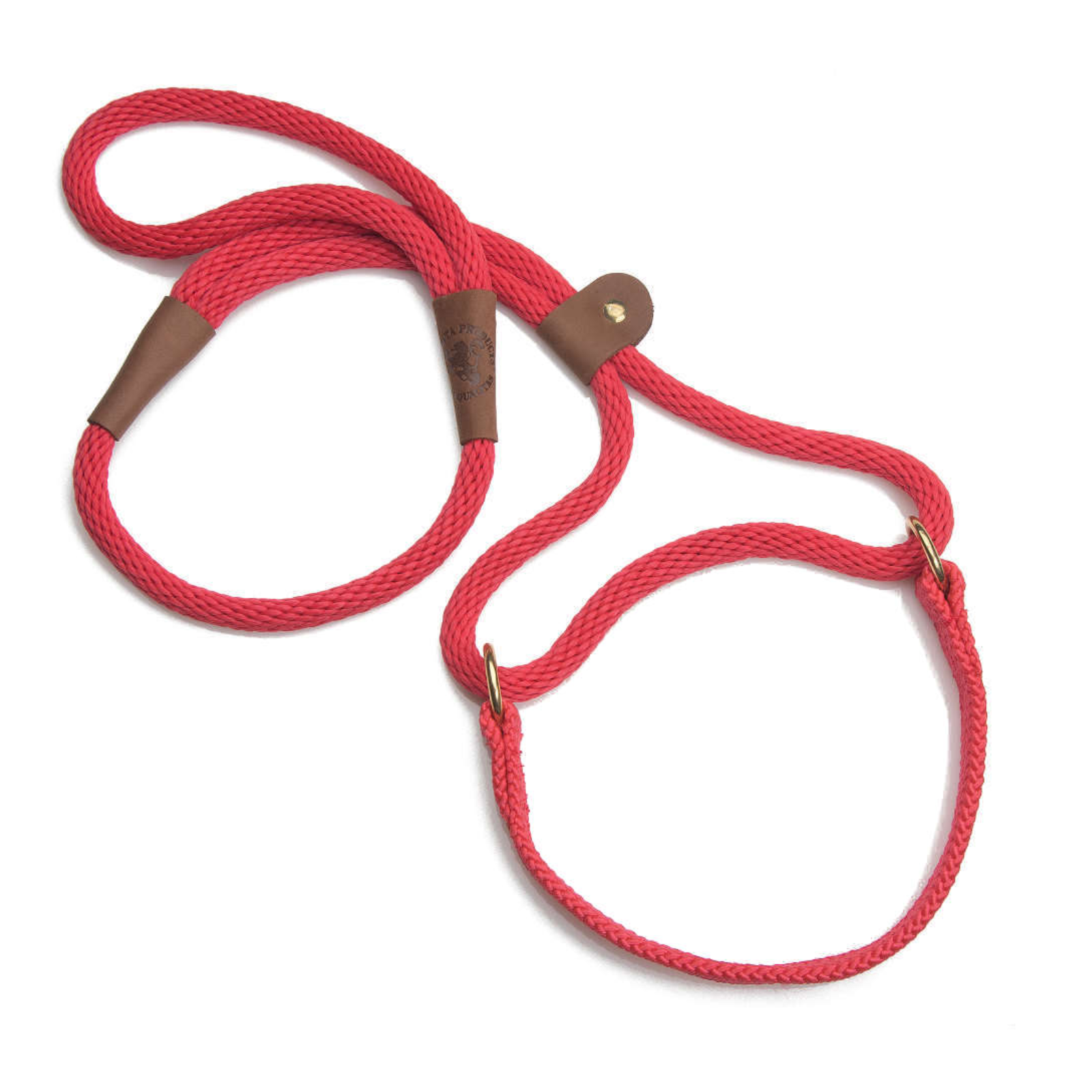 A red braided rope dog leash with brown leather handle loops and brass metal rings, shown on a clean white background.