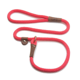 A bright pink braided rope dog leash with brown leather handle wraps and a silver metal ring, displayed on a clean white background.