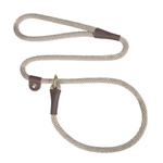 A braided rope dog leash with brown leather looped end caps and a gold-tone metal ring, shown on a plain white background.