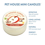 Pet House Mini Candle for apple cider scent with product details on a white background