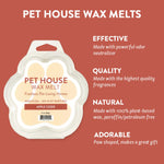 Pet House Wax Melts packaging with product details on a red background