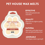 Pet House Wax Melts packaging with product details on a red background