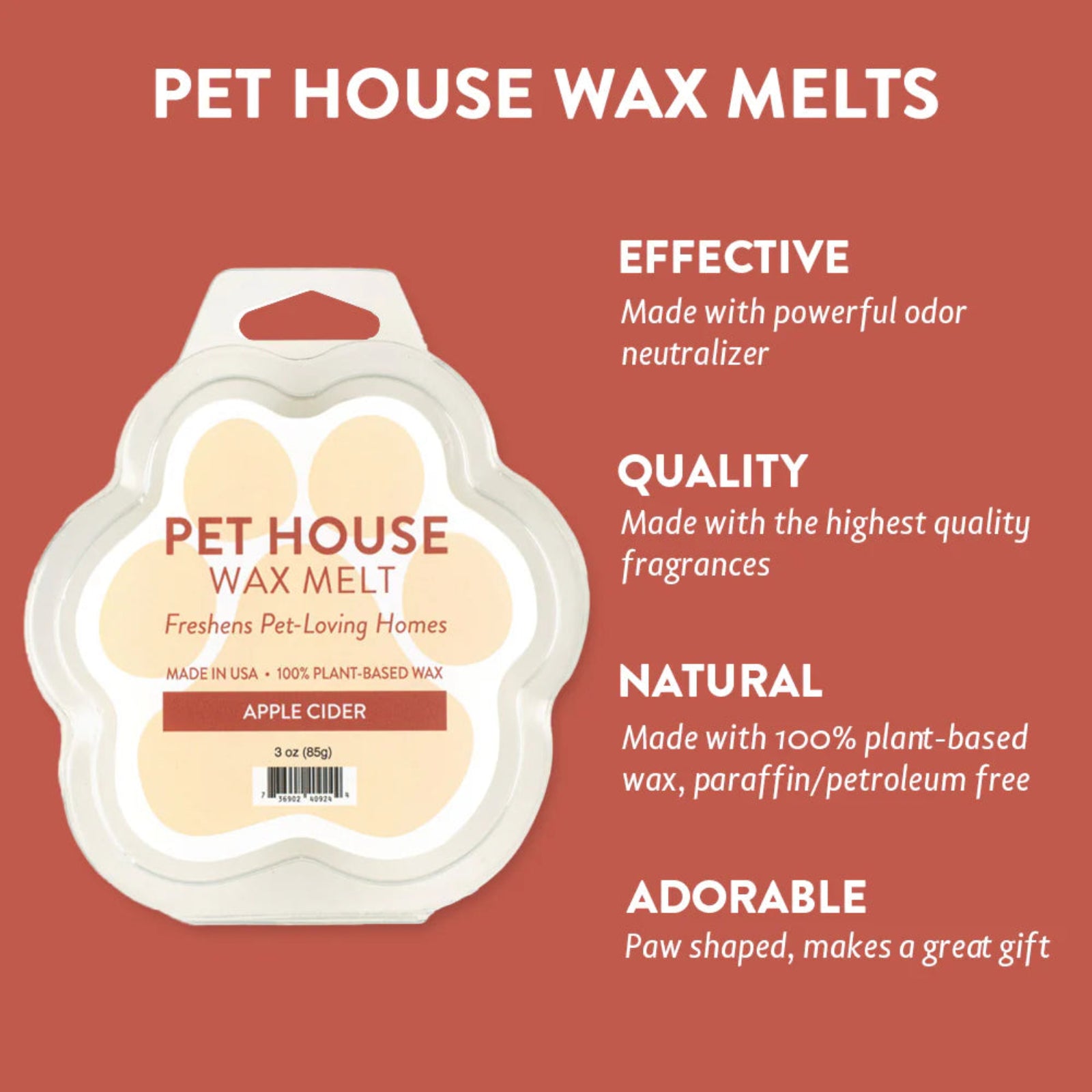 Pet House Wax Melts packaging with product details on a red background