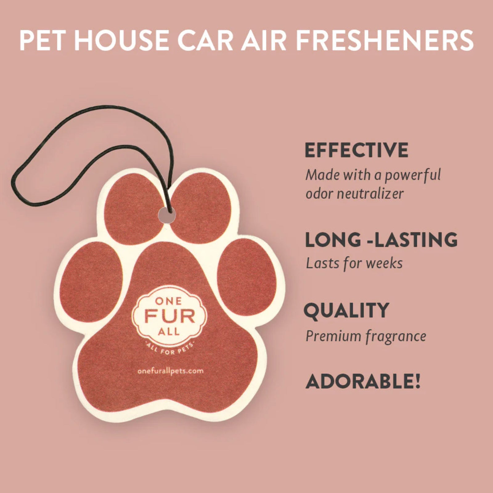 Pet house car air freshener with brand logo on a pink background