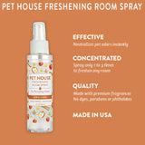 Pet house freshening room spray bottle with features on an orange background