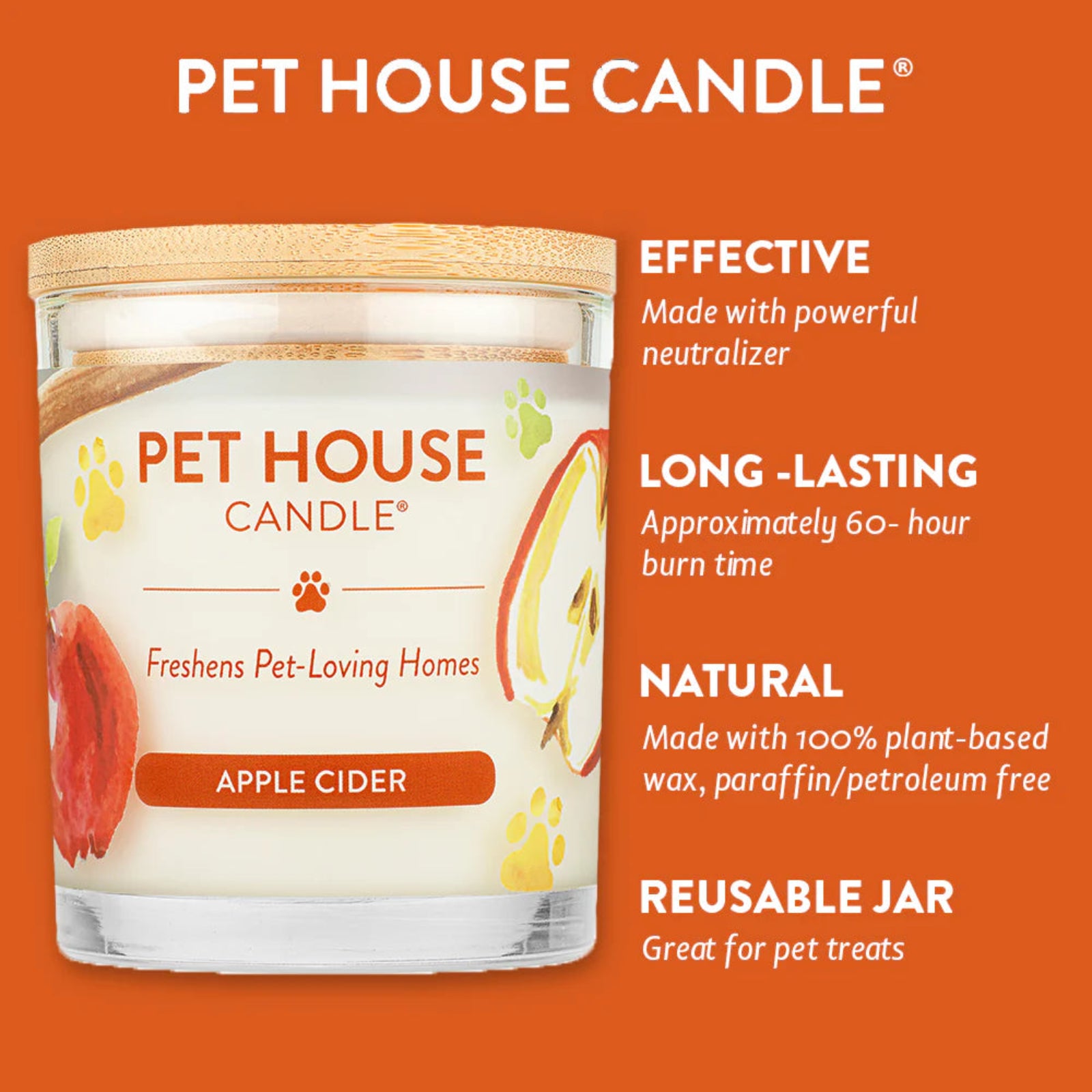 Pet House Candle jar with apple cider flavor on an orange background
