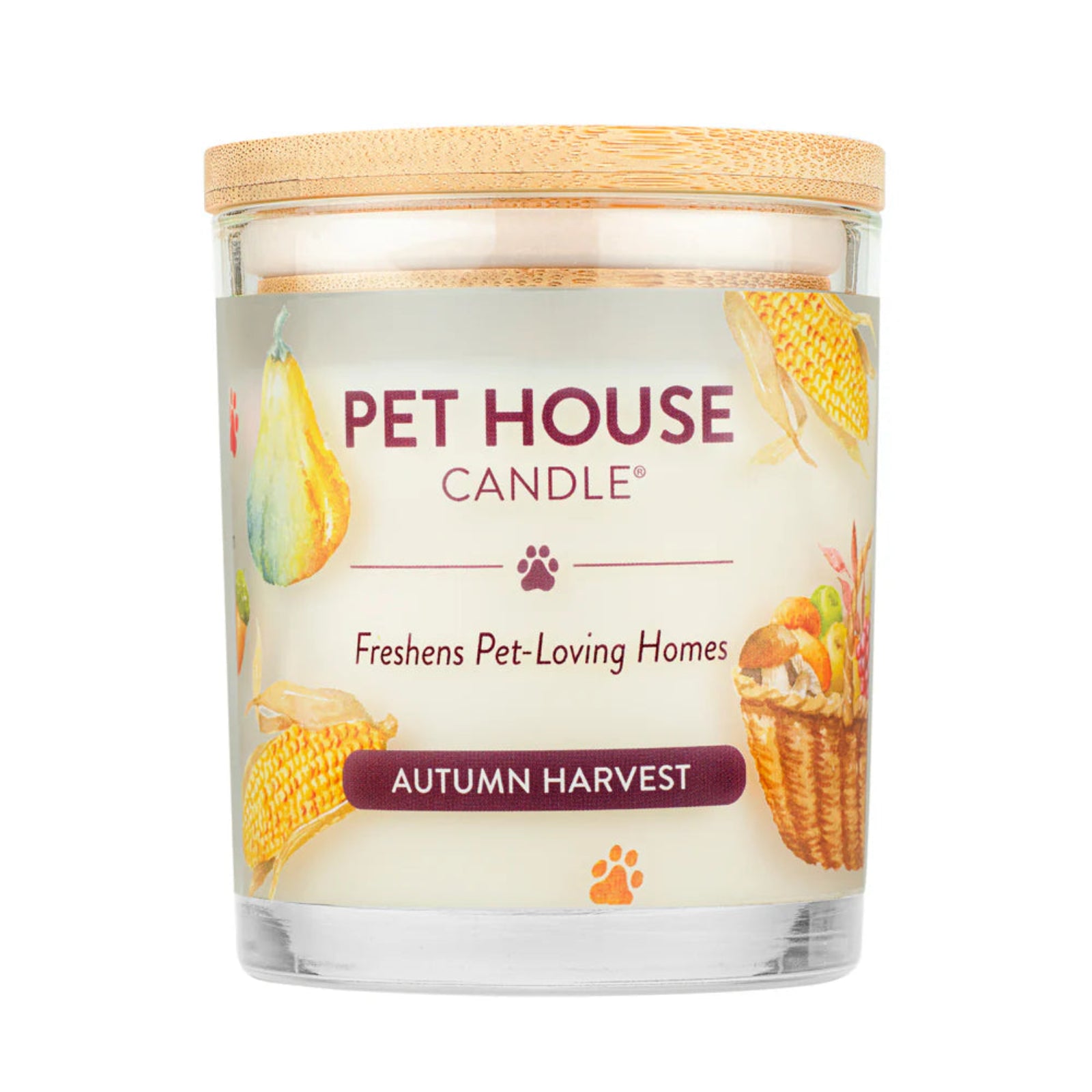 Pet House Candle labeled 'Autumn Harvest' with a wooden lid on a white background