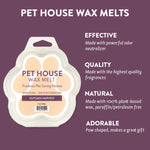 Pet House Wax Melts packaging with product details on a purple background