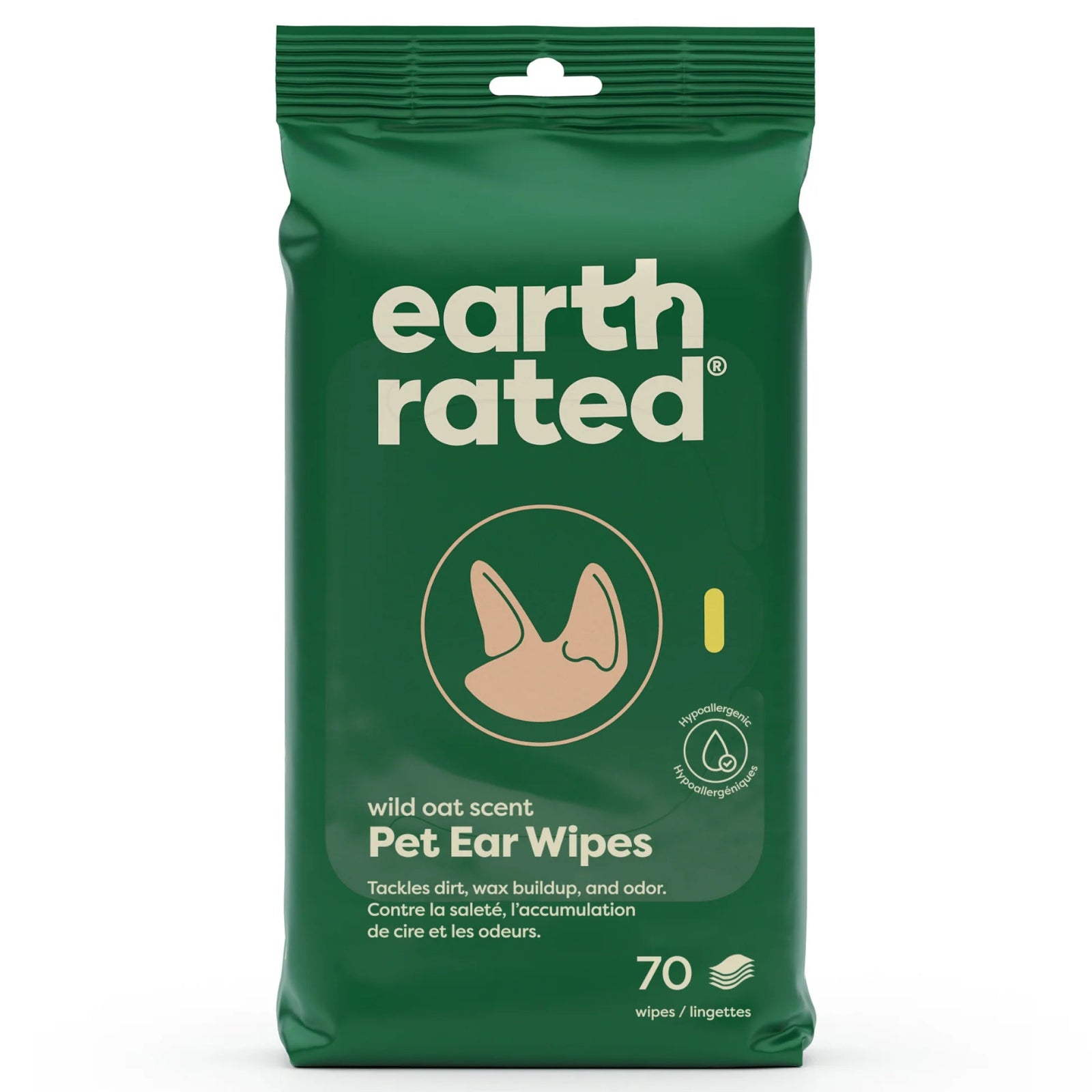 Green package of earth rated pet ear wipes on a white background