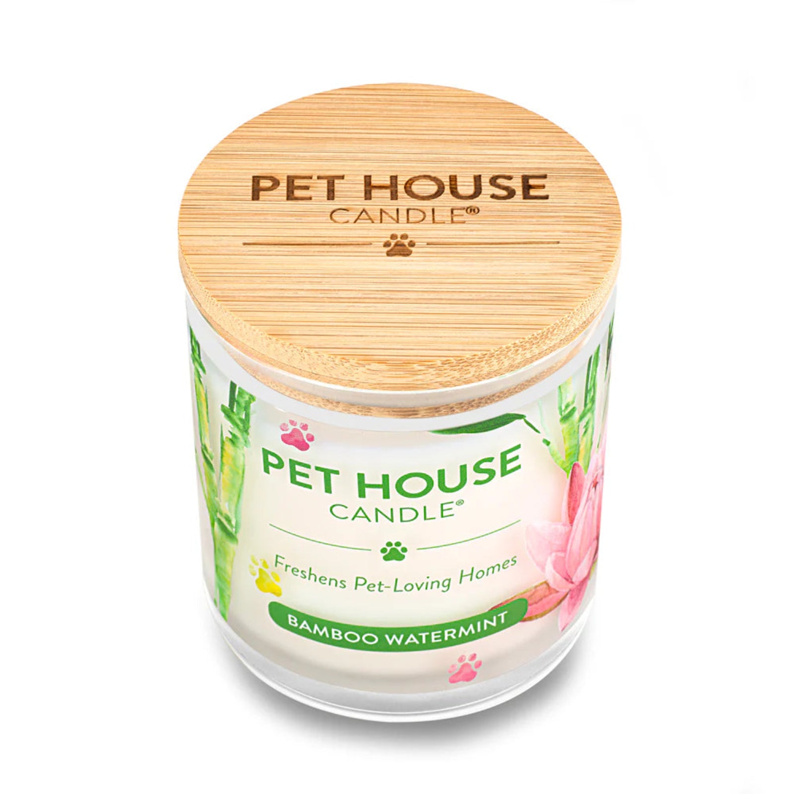 Pet House Candle with bamboo lid on a white background