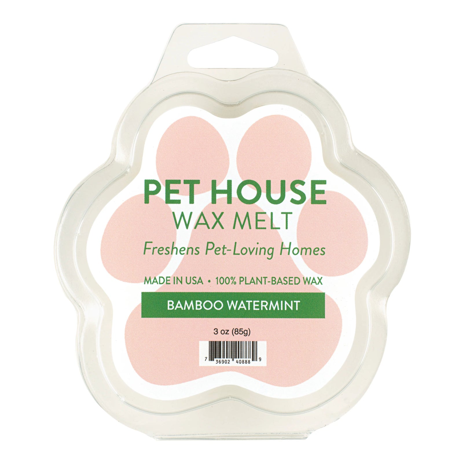 Pet House Wax Melt packaging with pink melts and green text on a white background