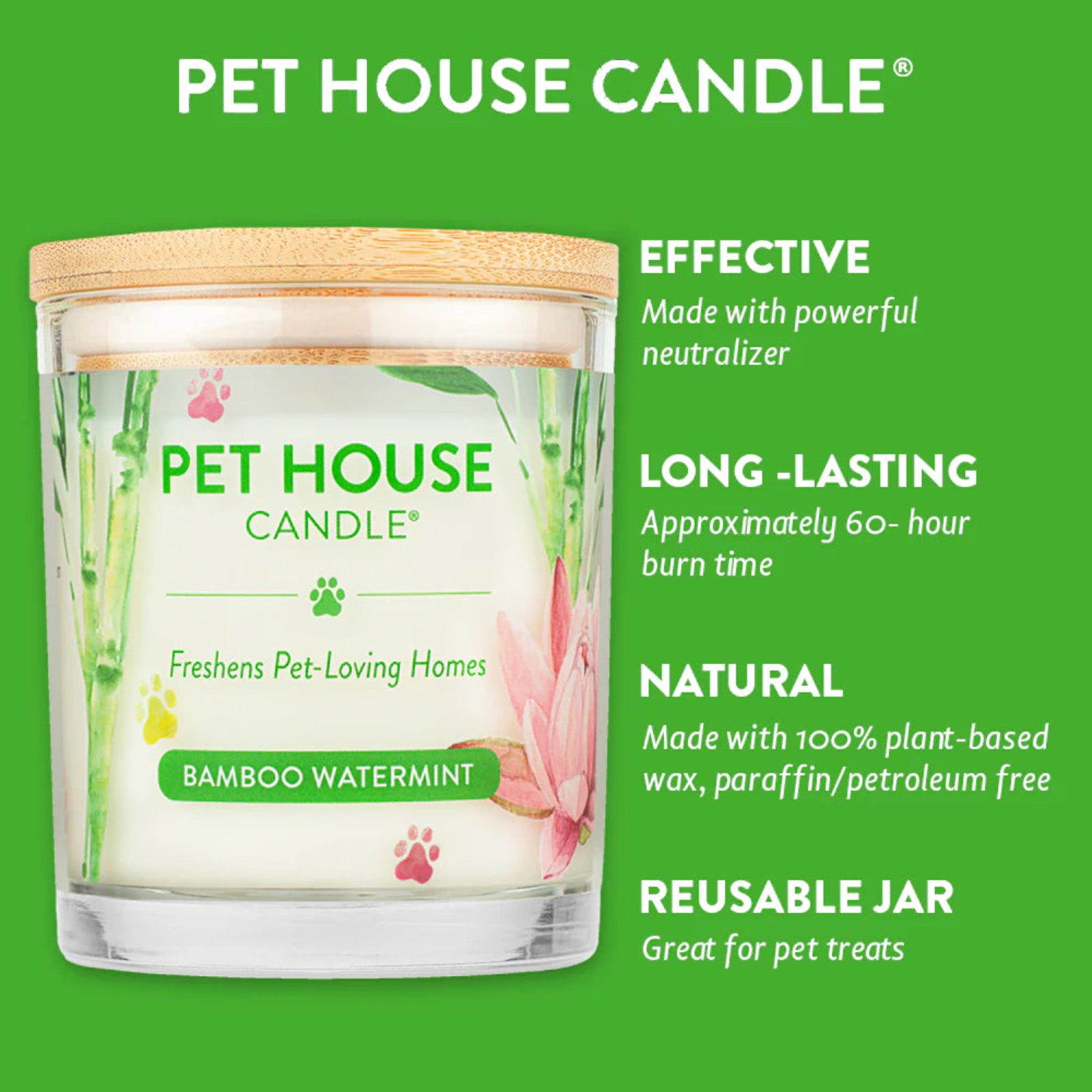 Pet House Candle with bamboo watermint scent on a green background