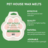 Pet House Wax Melts packaging with product details on a green background