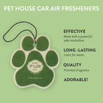 Green paw-shaped pet house car air freshener with text on a green background