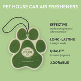 Green paw-shaped pet house car air freshener with text on a green background