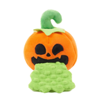 A plush Halloween pumpkin toy with a carved jack-o'-lantern face, a green curly stem, and a green mottled ghost-like belly peeking out, shown on a plain white background.
