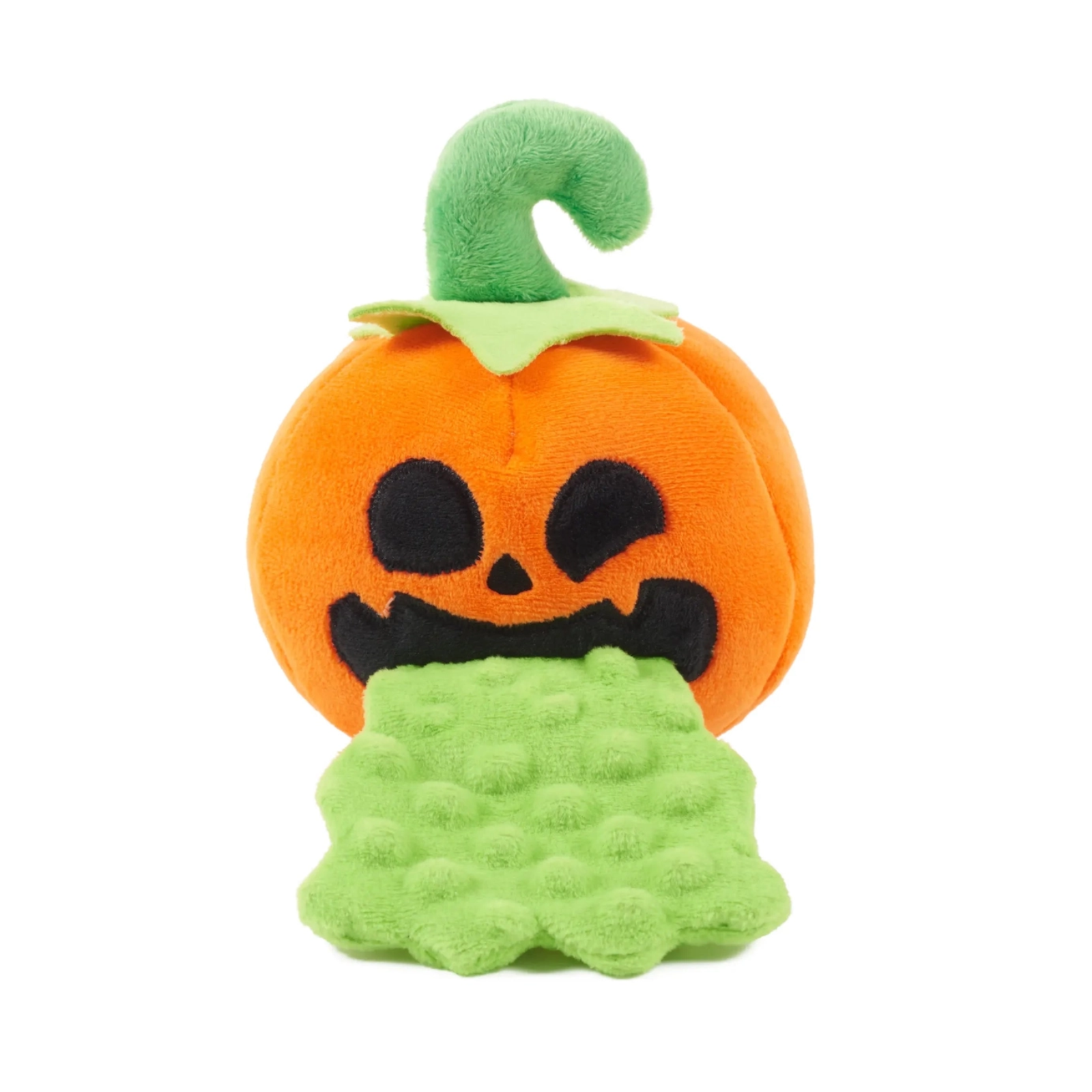 A plush Halloween pumpkin toy with a carved jack-o'-lantern face, a green curly stem, and a green mottled ghost-like belly peeking out, shown on a plain white background.