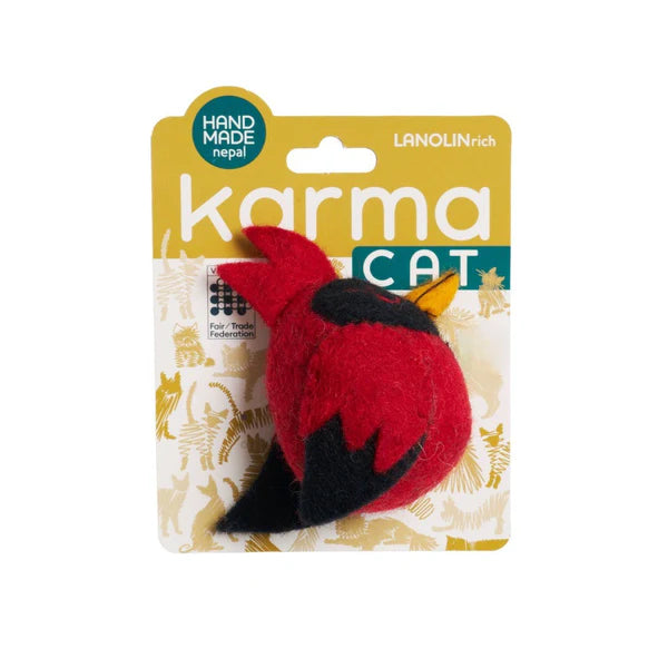 Karma Cat toy packaging with a red and black bird-shaped toy on a white background