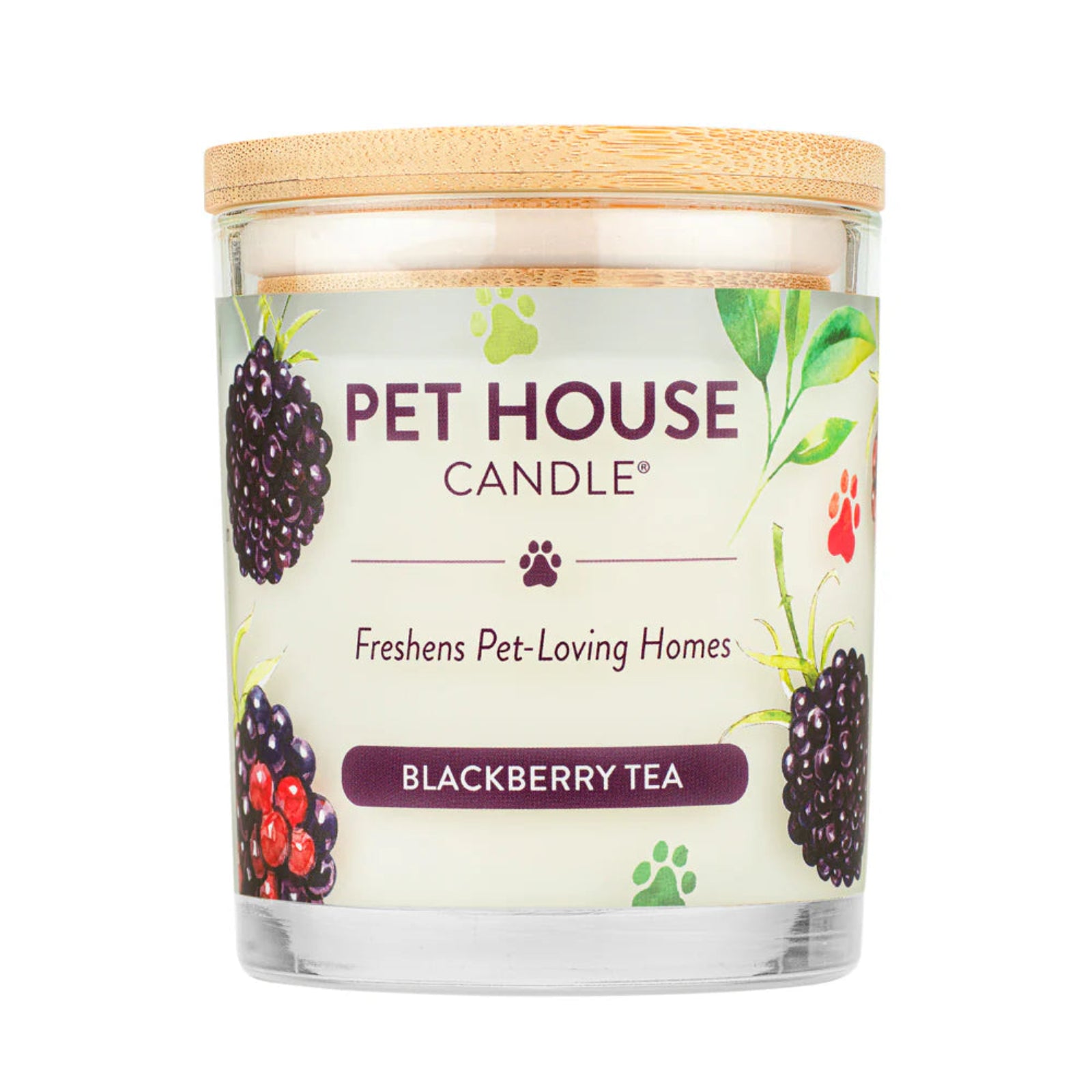 Pet House Candle with blackberry tea flavor on a white background