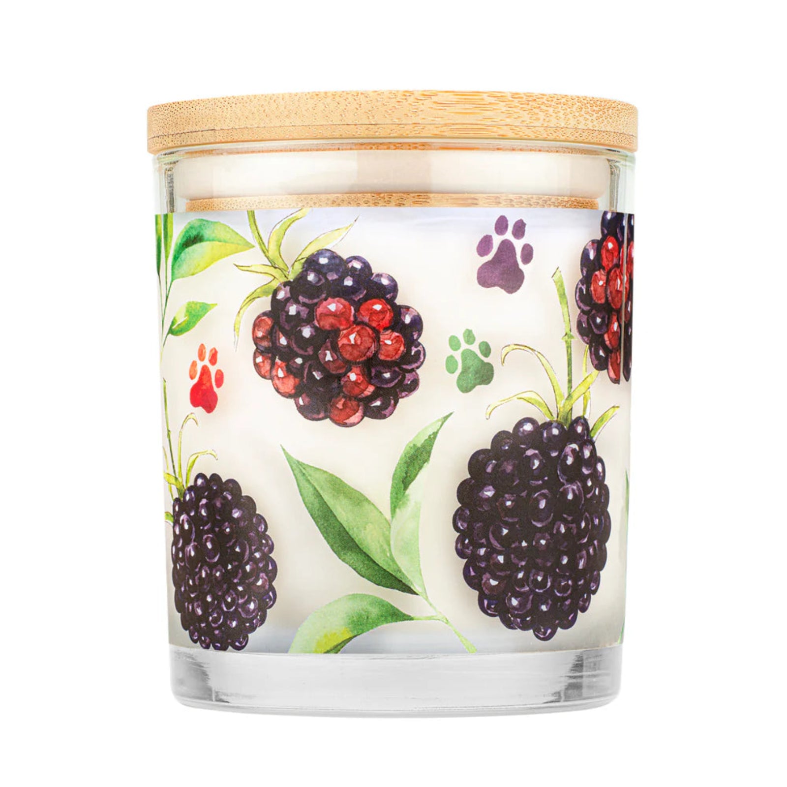 Candle with blackberry design and wooden lid on a white background