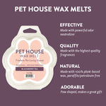Pet House Wax Melts packaging with product details on a purple background