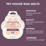 Pet House Wax Melts packaging with product details on a purple background