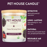 Pet House Candle with blackberry tea scent on a purple background