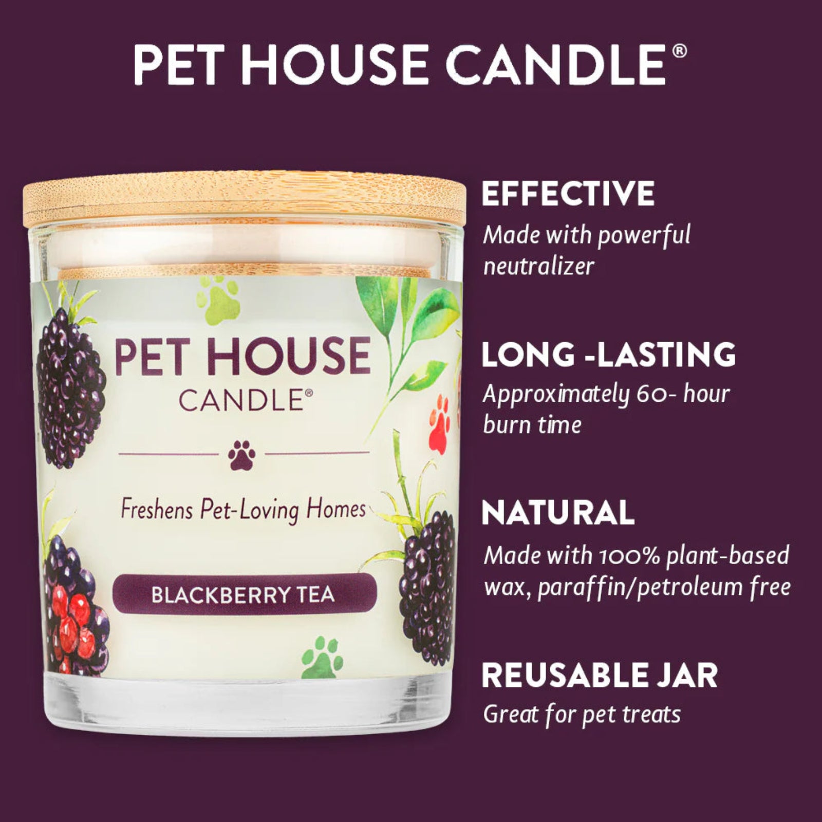Pet House Candle with blackberry tea scent on a purple background
