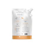 Dog food pouch with brand information on a white background