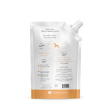 Dog food pouch with brand information on a white background