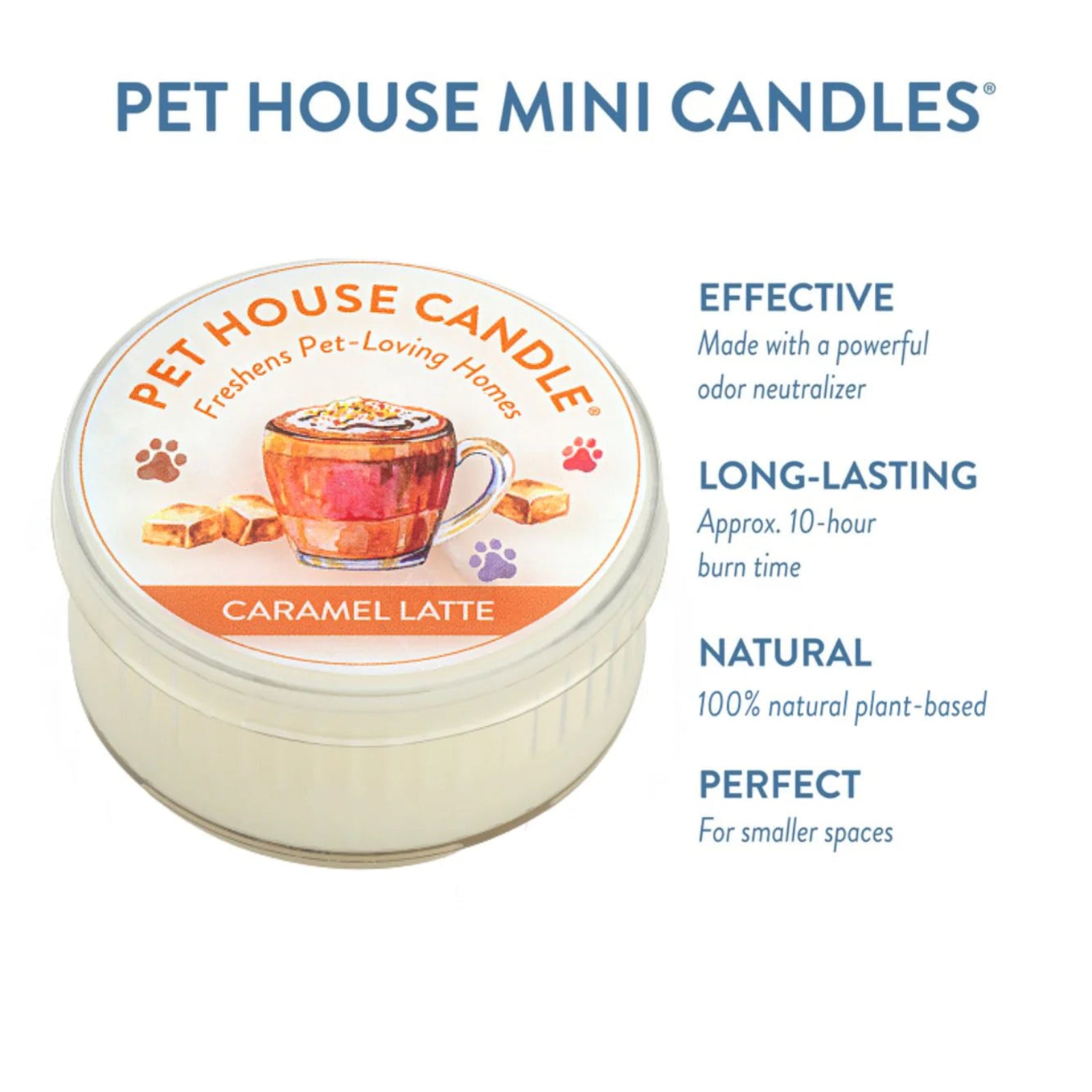 Pet House Mini Candles Caramel Latte with product details on a white background